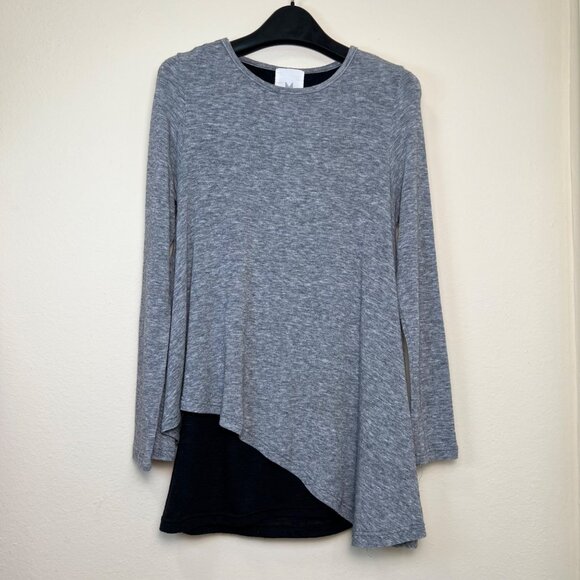 Gray Long Sleeve Asymmetrical Hem Tunic Top With Black Layering Detail Small - Picture 5 of 6